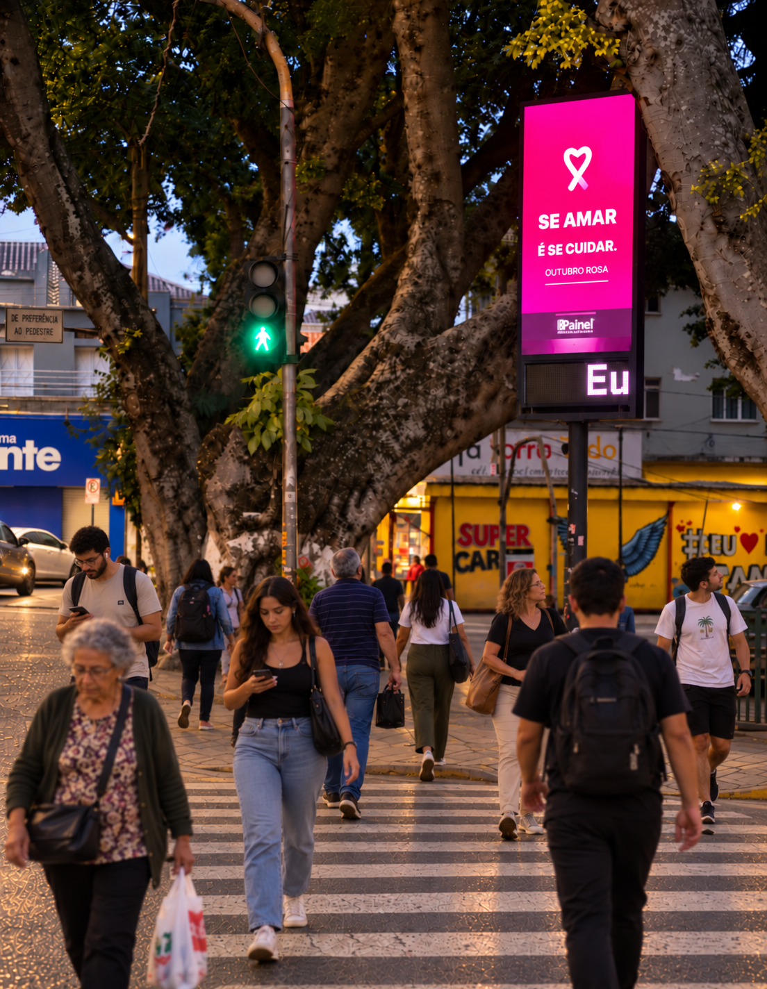 Campanha Outubro Rosa da BR Painel em Itapetininga, com pedestres adicionados digitalmente à cena