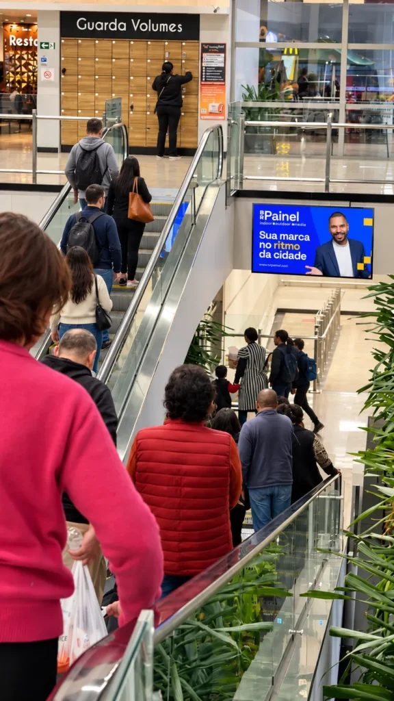 Publicidade em tela de mídia indoor BR Painel em um centro comercial, próxima a escadas rolantes com circulação de pessoas