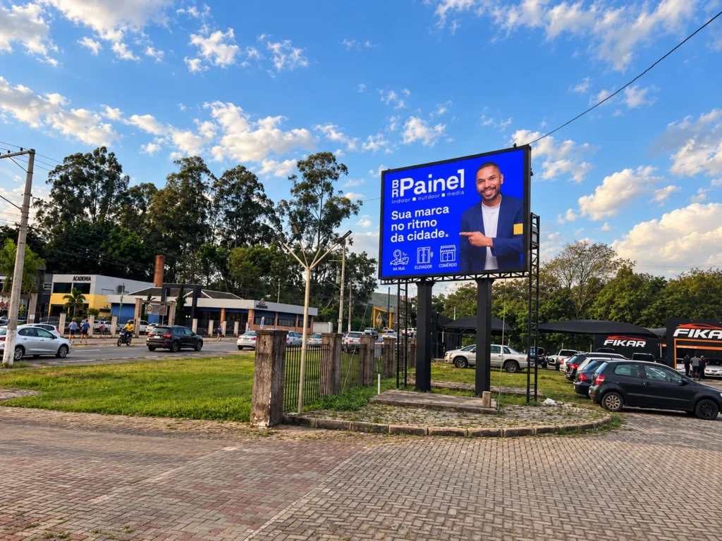 Painel de LED outdoor da BR Painel na Marginal do Chá, em Itapetininga, com veículos circulando e publicidade institucional na tela
